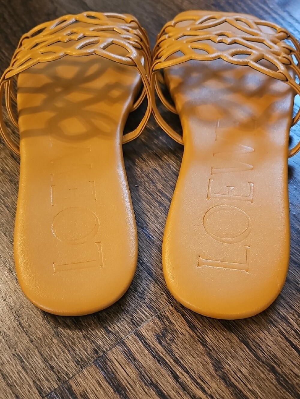 Designer Luxury Tannish Slide Sandals with Decorative Straps - Picture 2 of 8